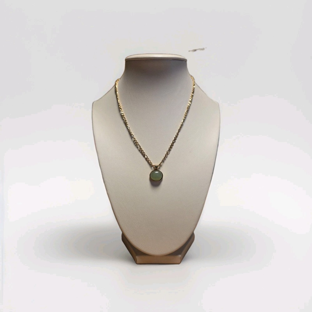 Gold Tone Stainless Steel Figaro Chain Necklace Green Jade Oval Charm Pendant 16